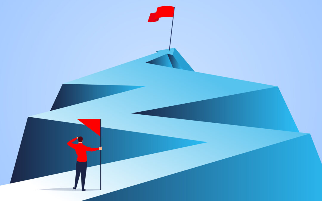 Businessman holding a flag looking at the flag farther from the top of the arrow