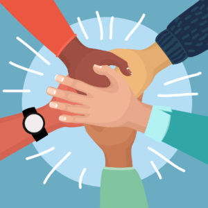 Cartoon Color Hands Putting Together Card Teamwork, Cooperation and Support Concept Flat Design Style. Vector illustration