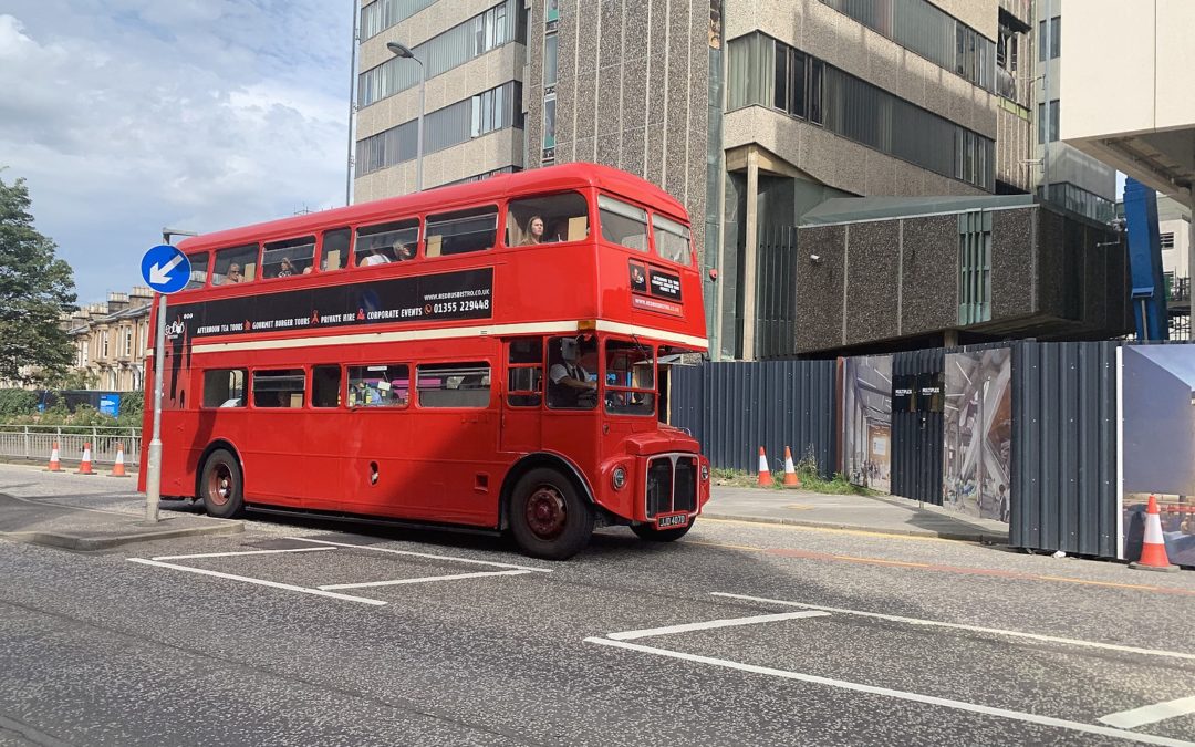 A double-decker bus in Glasgow