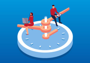 Businesswoman and -man working on isometric clock