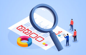 questionnaire under a magnifying glass as professionals collaborate on it