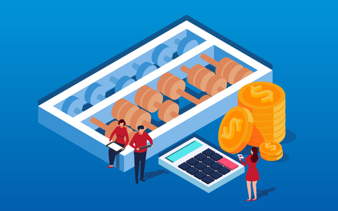 tiny people sitting on abacus, using a calculator, looking at a pile of giant coins