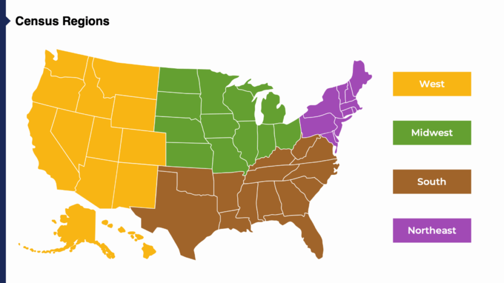 US state map colorcoding each state to its corresponding Census Region