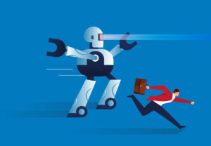 Businessperson running from or with robot