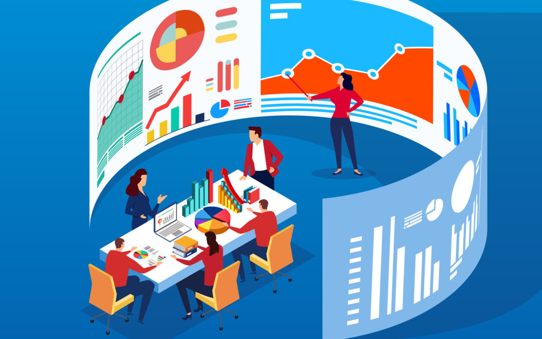 a stylized image of 6 business people at a conference table in a circular room projecting charts and graphs on the walls