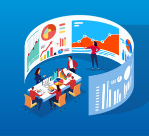 a stylized image of 6 business people at a conference table in a circular room projecting charts and graphs on the walls