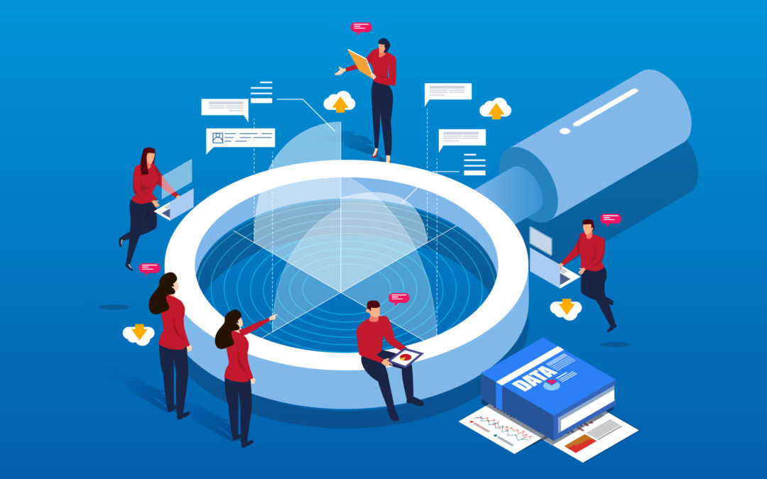 giant isometric magnifying glass with small business people standing around it, analyzing