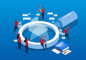 giant isometric magnifying glass with small business people standing around it, analyzing