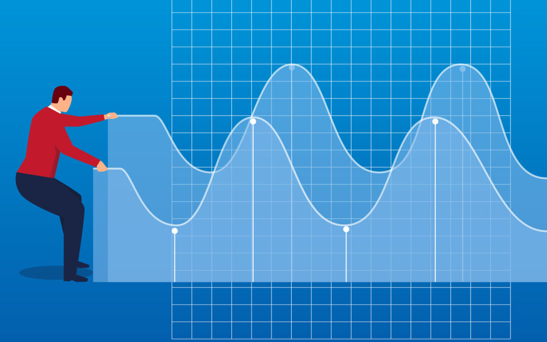 businessperson pulling two line charts, one in each hand